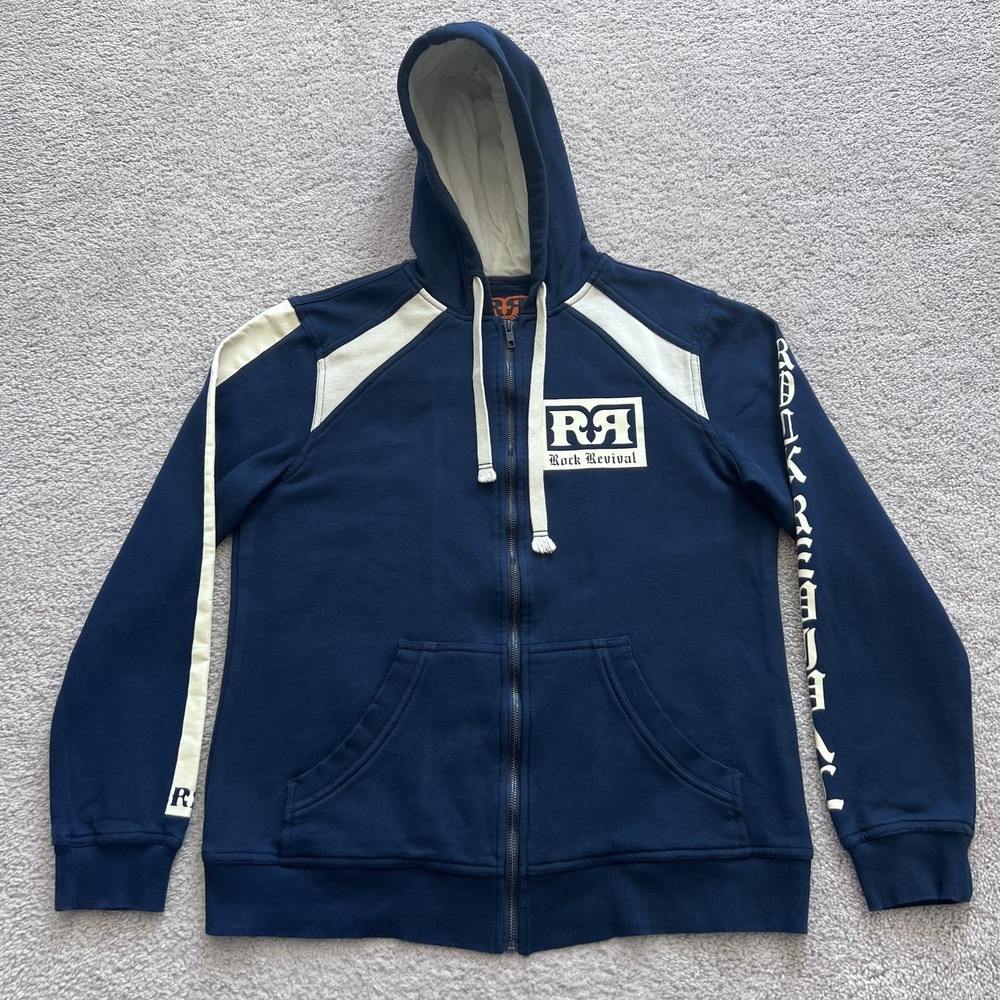 Rock Revival Y2K Sleeve Chest Graphic Full Zip Hoodie Mens Medium Blue Jacket